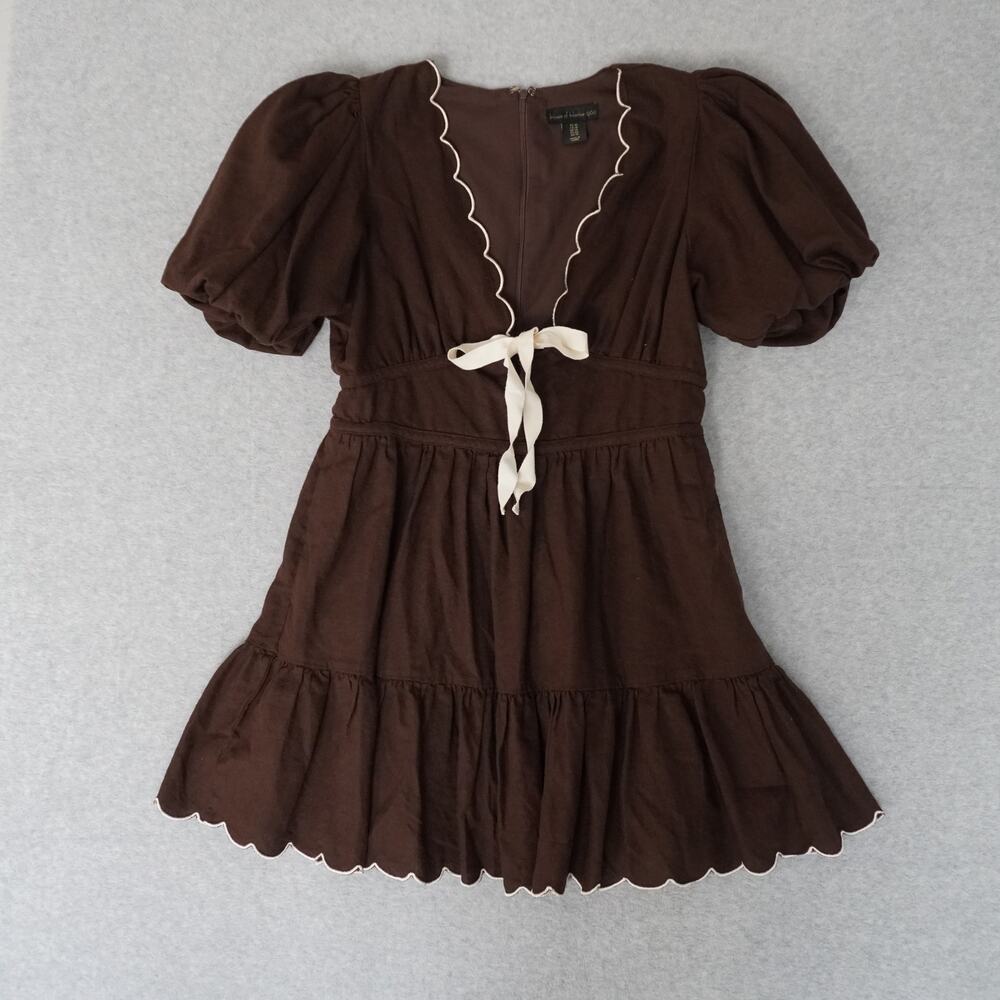 House Of Harlow 1960 Brown Linen Puff Sleeve Mini Dress - Bohemain